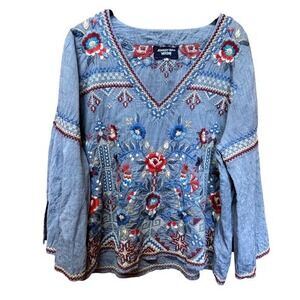Johnny Was Workshop Chambray Blue Embroidered Floral Bell Sleeve Blouse Large